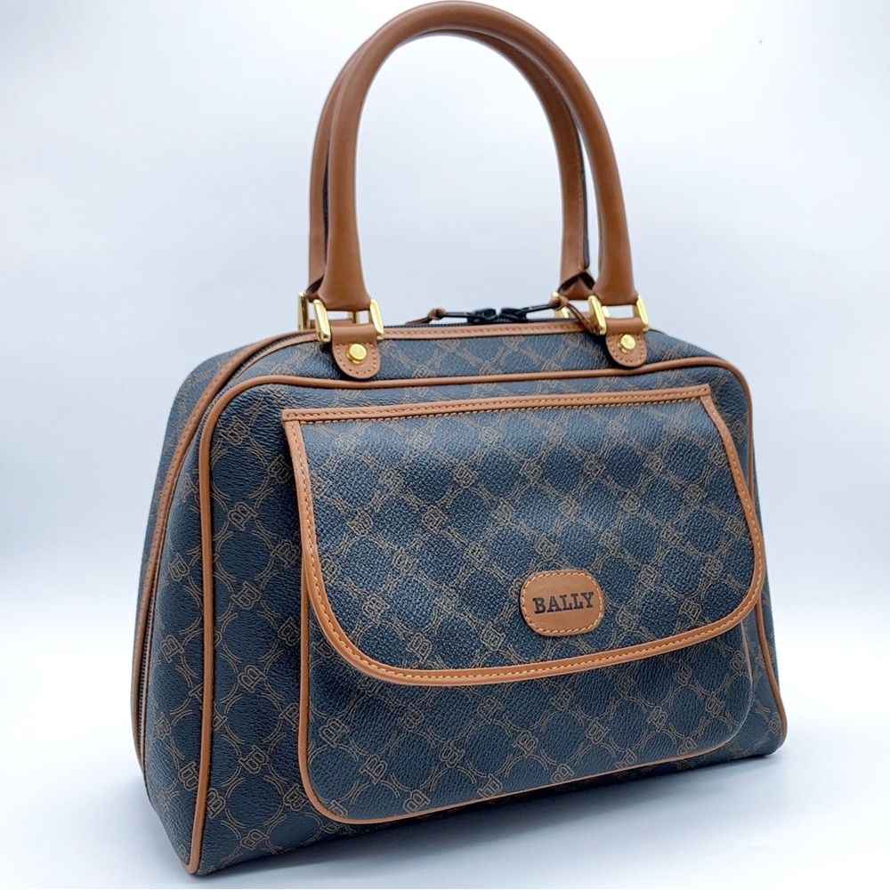Vintage Bally Monogram Satchel Handbag in Brown and Tan